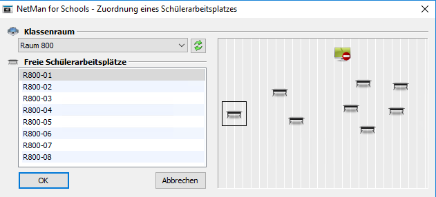 Auswahl des Klassenraumes und eines Arbeitsplatzes darin