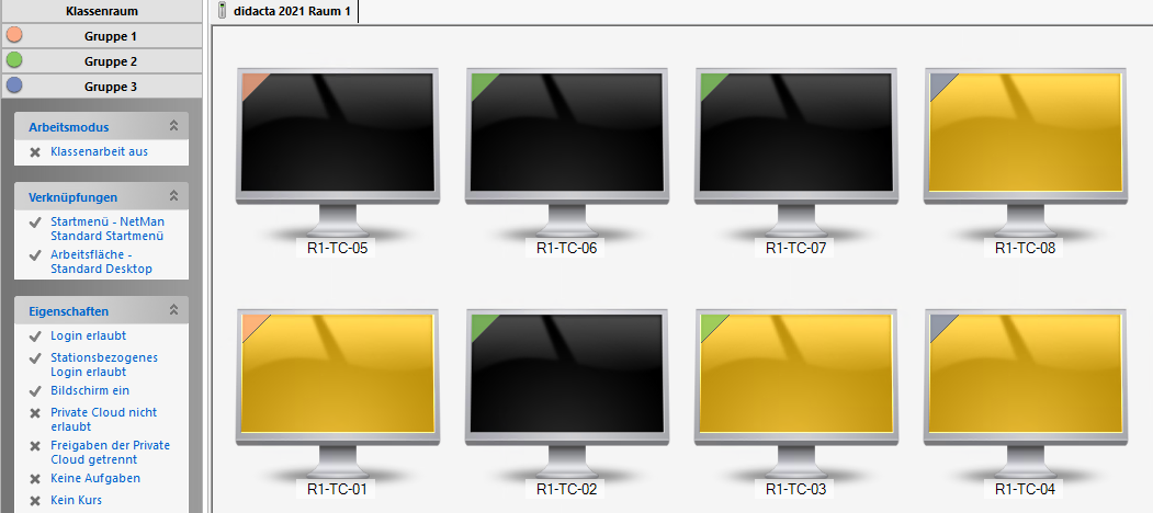 Arbeitsstationen in der Klassenraumvisualisierung farbig markiert. Die gleiche Markierung findet sich in der Auswahl der Gruppen in den Klassenraumeinstellungen.