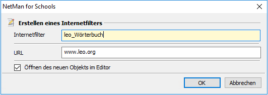 Dialog „Erstellen des Internetfilters“ mit Namensfeld und Feld zur Eingabe der URL