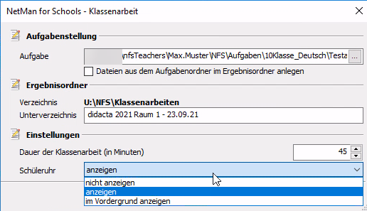 Dialog der Einstellungen für die Klassenarbeit mit Auswahl der Arbeit, des Ergebnisordners, der Dauer und der Anzeige einer Uhr für die Schüler