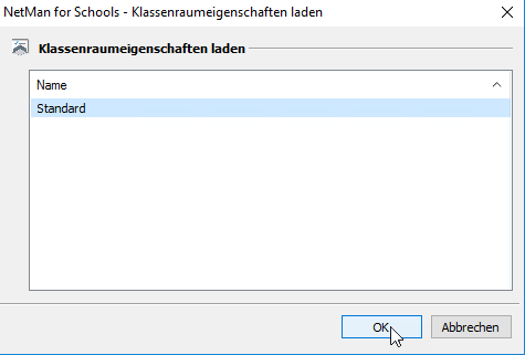 Auswahl der Klassenraumeigenschaften, die geladen werden sollen.