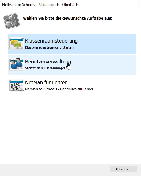 Pädagogische Oberfläche - Auswahl Benutzerverwaltung