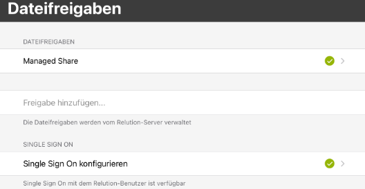 Die Dateifreigaben „Managed Share“ und „Single Sign On konfigurieren“ sind mit Haken versehen.