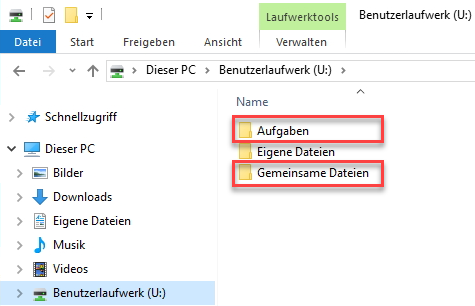 „Aufgaben“ und „Gemeinsame Dateien“ im Laufwerk U: im Dateiexplorer