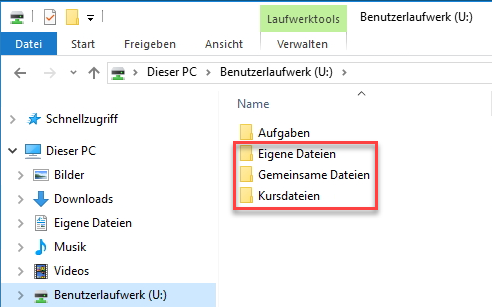 Im Dateiexplorer findest Du die Ordner „Eigene Dateien“, „Gemeinsame Dateien“ und „Kursdateien“ in Deinem Benutzerlaufwerk U: