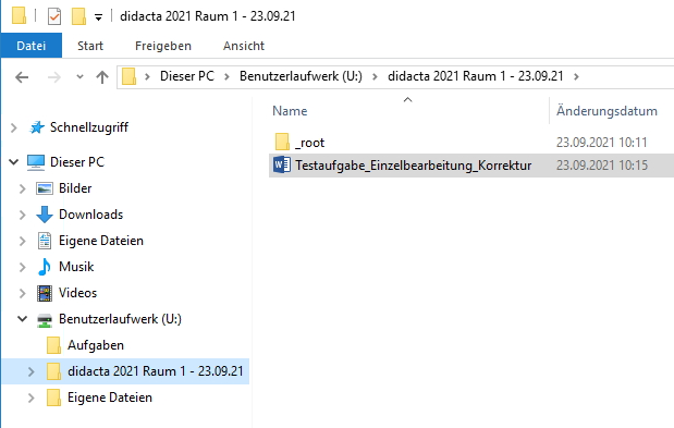 Dateiexplorer mit der korrigierten Klassenarbeit im Benutzerlaufwerk U: