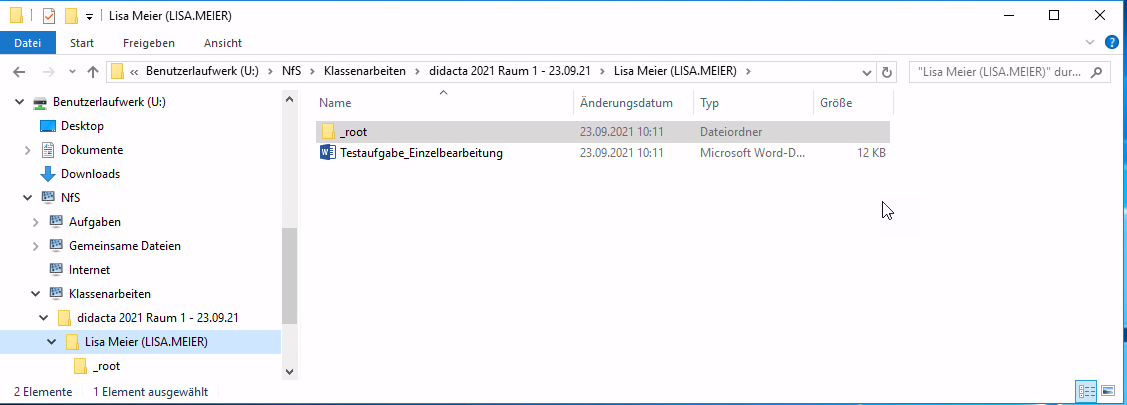Korrekturansicht: Klassenarbeit in je eigenem Ordner pro Schüler im Laufwerk U: