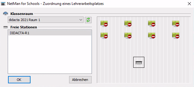 Dialog Zuordnung eines Lehrerarbeitsplatzes: Links Auswahl des Klassenraums, Rechts Auswahl des konkreten Arbeitsplatzes