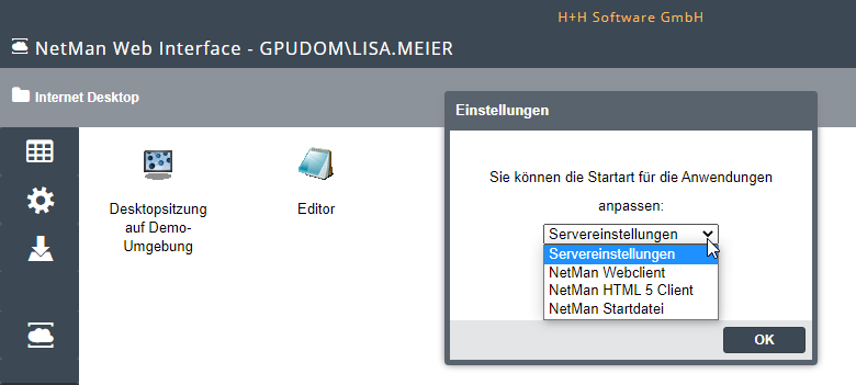 Auswahl der Startart HTML5 Client