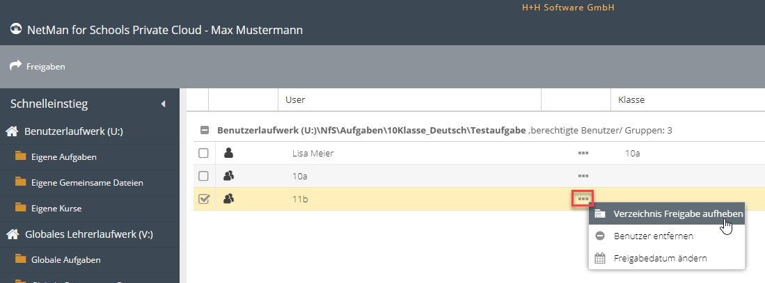 Verzeichnisfreigabe aufheben