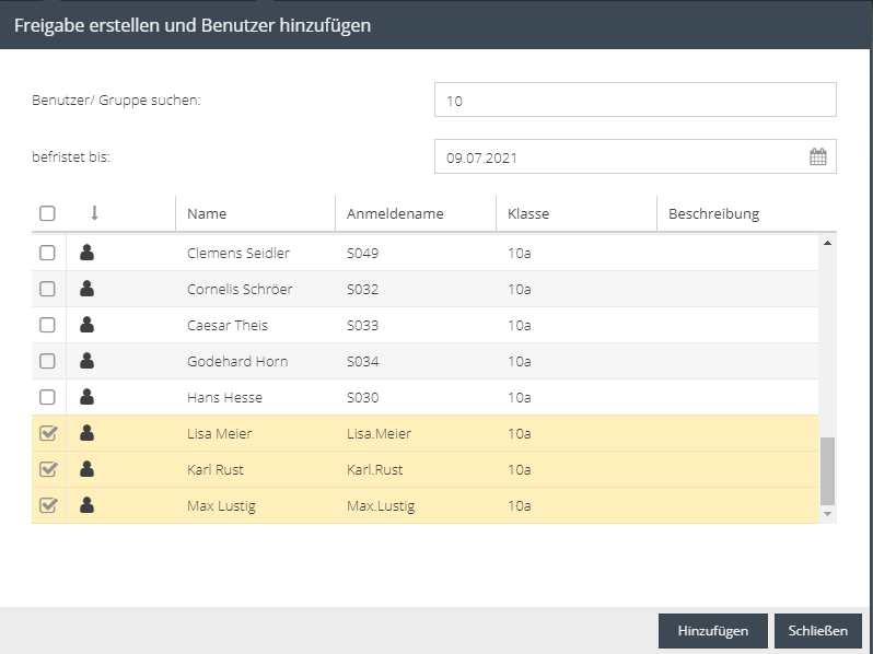 Dialog Freigabe erstellen und Benutzer hinzufügen