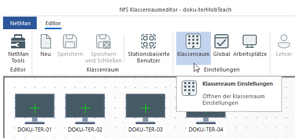 Klassenraumeditor: Im Menüband in der Sektion Einstellungen ist die Schaltfläche Klassenraum angewählt