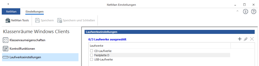 NetMan Einstellungen / Klassenräume Windows Clients / Laufwerkseinstellungen