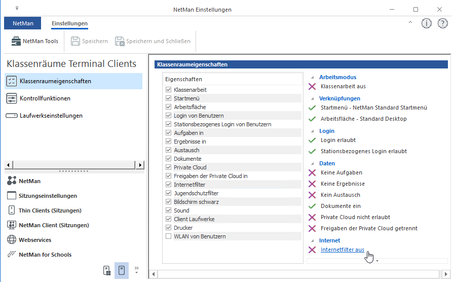 NetMan Einstellungen/Klassenräume Terminal Clients/Klassenraumeigenschaften