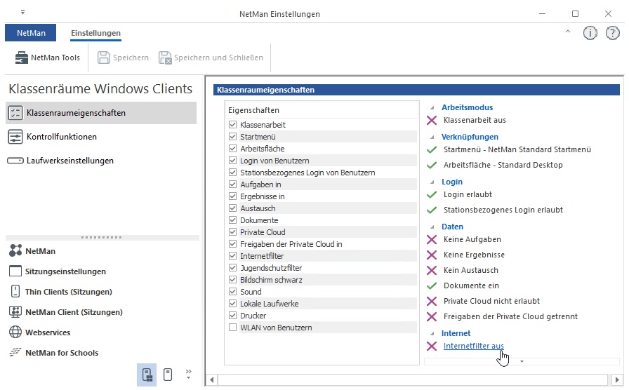NetMan Einstellungen/Klassenräume Windows Clients/Klassenraumeigenschaften