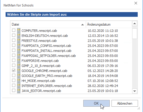 Liste aller vorhandener Skripte zur Auswahl