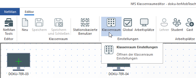 Im Klassenraumeditor ist im Menüband die Schaltfläche Klassenraum gewählt.