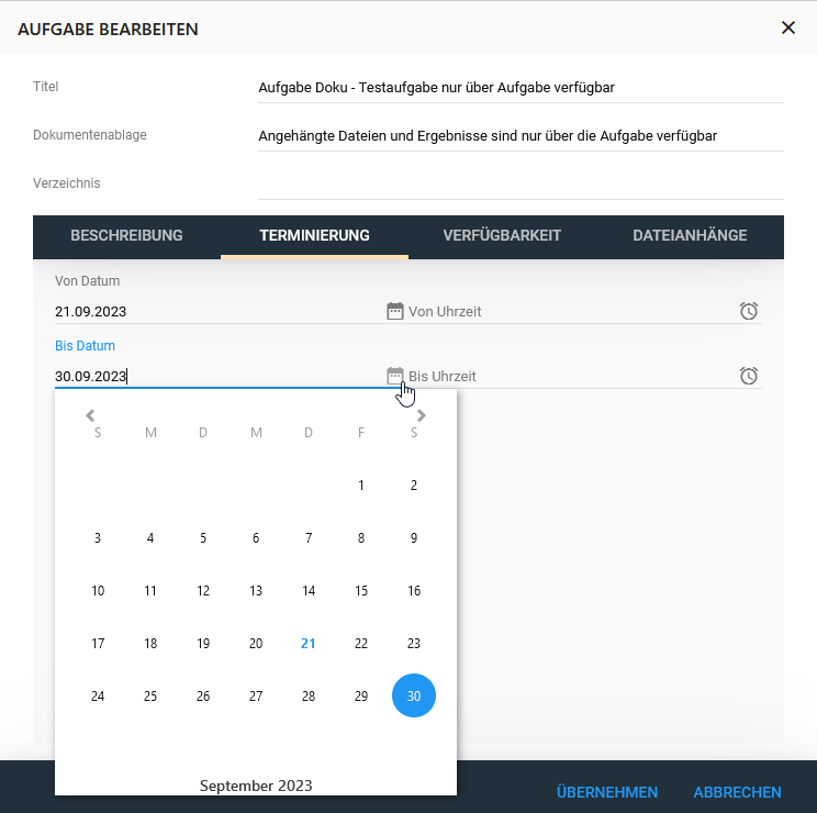 Aufgabenterminierung: Wahl des Enddatums im Kalender