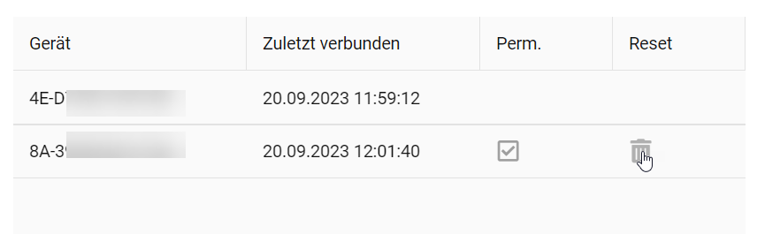 Beim Gerät 8A-3 ist das Mülleimersymbol in der Spalte Reset angewählt, damit wird die permanente WLAN-Sitzung dieses Geräts gelöscht.