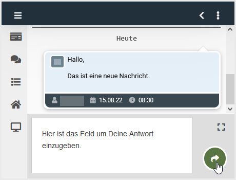 Chatverlauf mit eingegangener Nachricht und Anworttext. Der Button zum Senden der Antwort ist markiert.