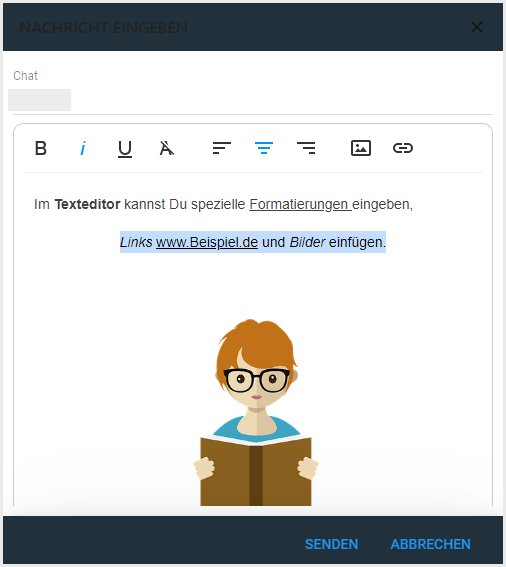 Formatierungsbeispiele im Texteditor mit eingefügtem Link und Bild.