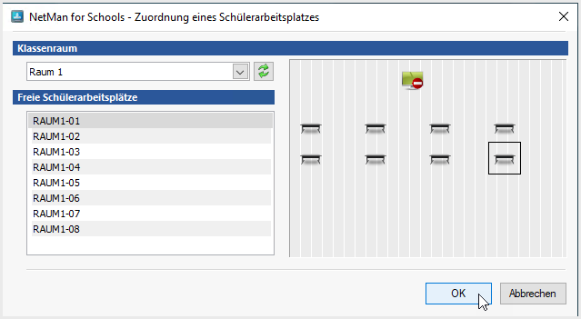 Auswahl des Klassenraumes und eines Arbeitsplatzes darin