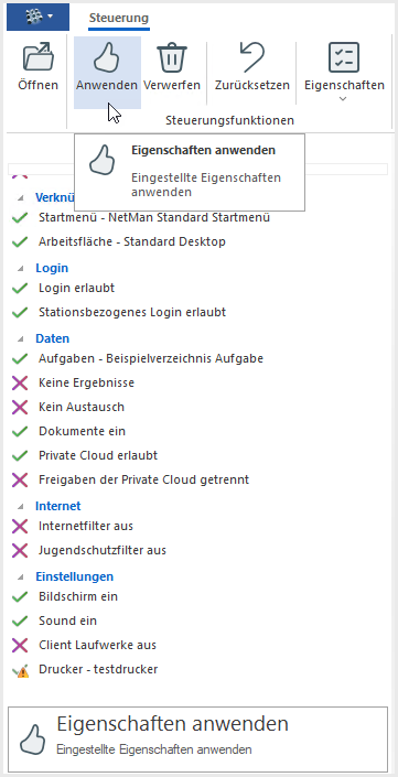 Eigenschaften Anwenden im Menüband