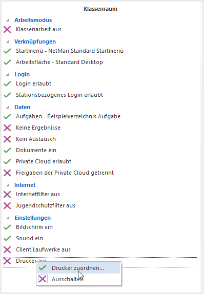 Klassenraumeigenschaft Drucker, im Kontextmenü wählst Du „Drucker zuordnen“.