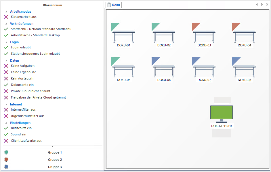 Arbeitsstationen in der Klassenraumvisualisierung farbig markiert. Die gleiche Markierung findet sich in der Auswahl der Gruppen in den Klassenraumeinstellungen.