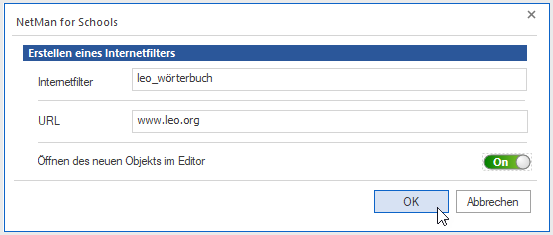 Dialog „Erstellen des Internetfilters“ mit Namensfeld und Feld zur Eingabe der URL