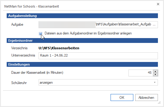 Im Bereich Aufgabenstellung Option „ Dateien aus dem Aufgabenordner im Ergebnisordner anlegen“