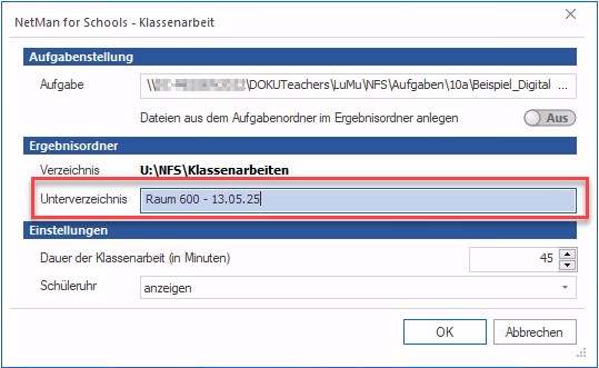Der Name des Ergebnisordner kann in der Zeile Unterverzeichnis angepasst werden.