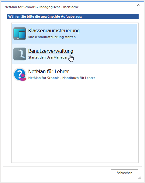 Pädagogische Oberfläche - Auswahl Benutzerverwaltung