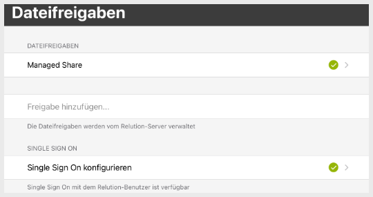 Die Dateifreigaben „Managed Share“ und „Single Sign On konfigurieren“ sind mit Haken versehen.