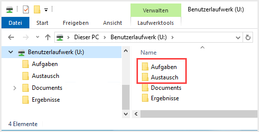 „Aufgaben“ und „Austausch“ im Laufwerk U: im Dateiexplorer