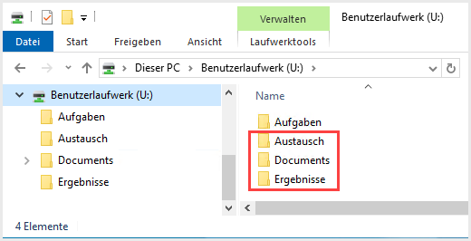 Im Dateiexplorer findest Du die Ordner „Eigene Dateien“, „Austausch“ und „Ergebnisse“ in Deinem Benutzerlaufwerk U: