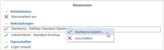 Klassenraumeigenschaft Startmenü ändern