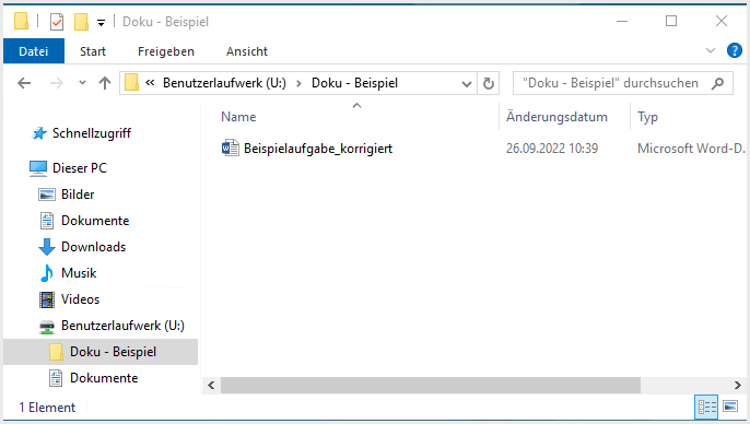 Dateiexplorer mit der korrigierten Klassenarbeit im Benutzerlaufwerk U: