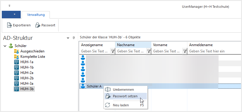 Im Kontextmenü "Passwort setzen" für Schüler wählen.
