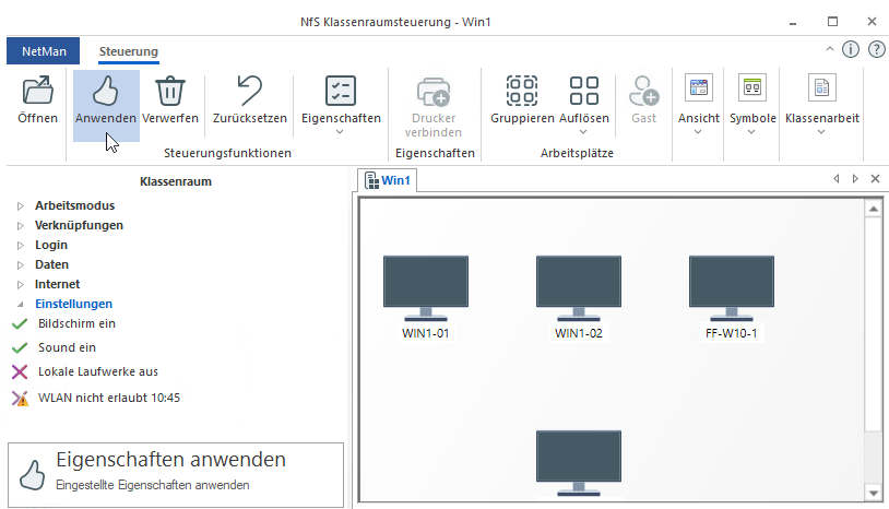 Die gesetzten Einstellungen werden erst durch klicken von "Anwenden" im Menüband aktiv!