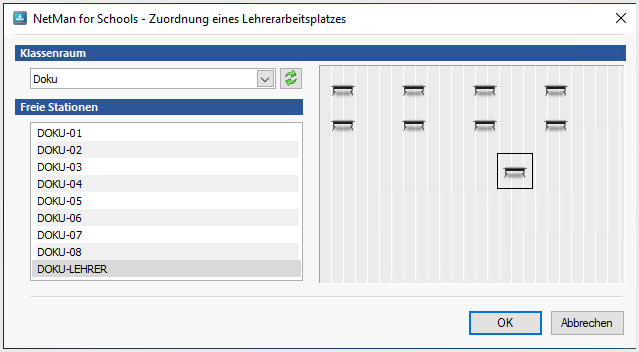 Dialog Zuordnung Lehrerarbeitsplatz im Klassenraum: Oben Wahl des Klassenraums, unten Wahl des Arbeitsplatzes, rechts: grafische Übersicht des Klassenraums und der Arbeitsplätze.