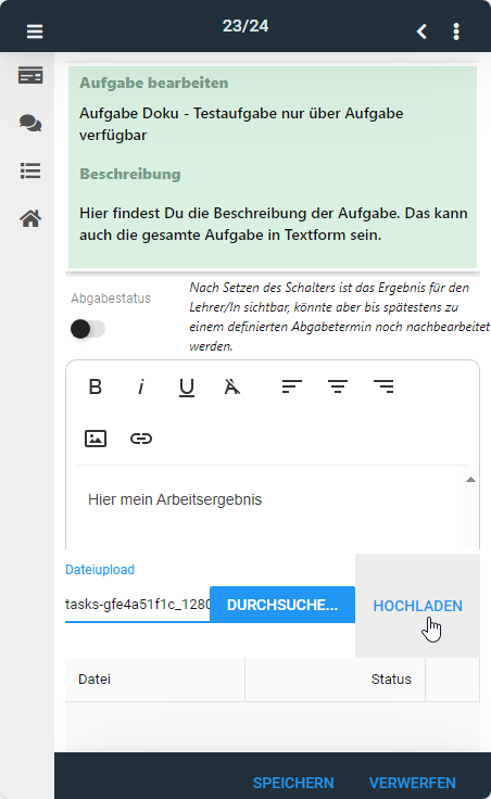 Die ausgwählte Datei wird erst durch aktvieren der Schaltfläche "Hochladen" auf den Schulserver geladen.