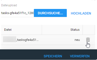 Löschen der bereits hochgeladenen Datei über das Papierkorb-Symbol in der Dateiübersicht.