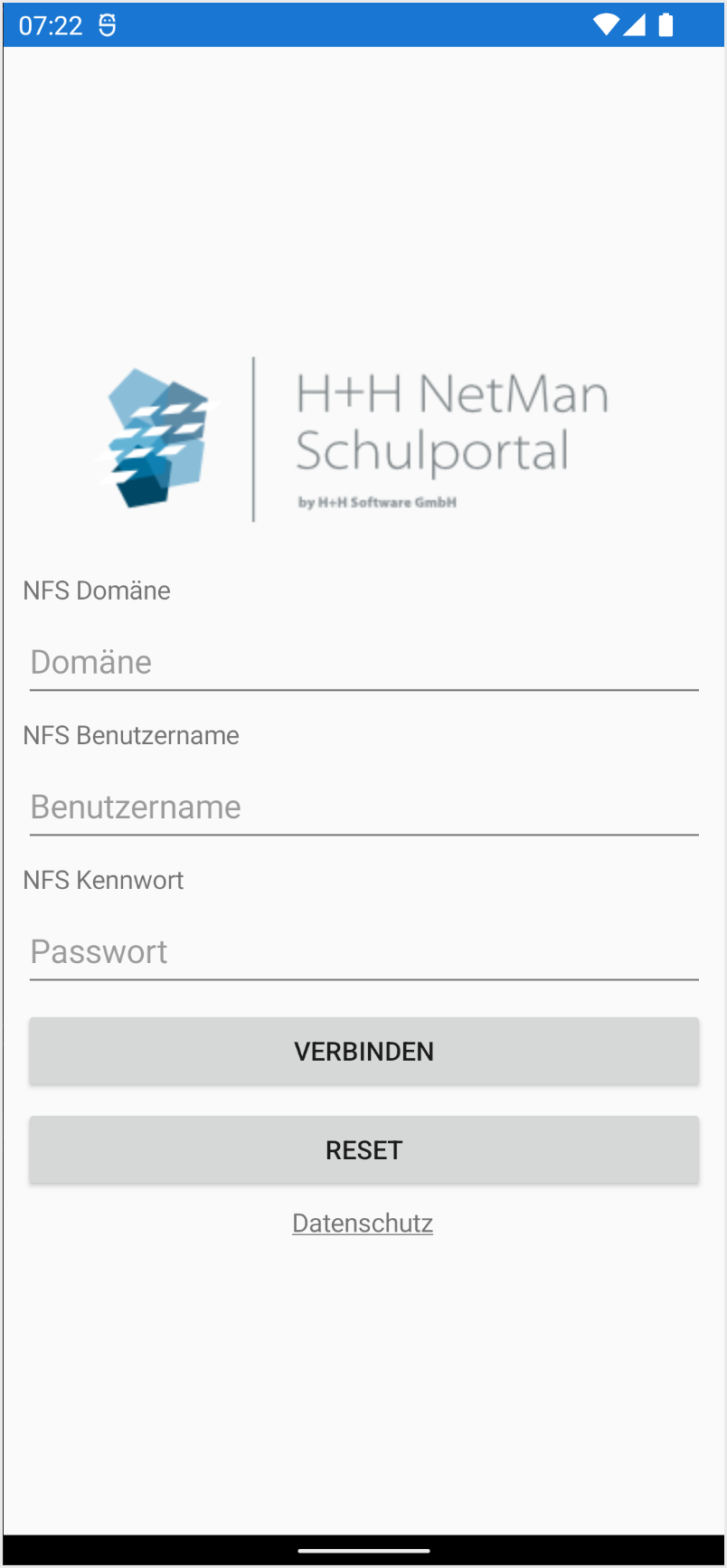 App-Anmeldefenster mit den Eingabefeldern Domäne, Benutzername , Kennwort sowie den Schaltflächen Verbinden, Reset und Datenschutz.