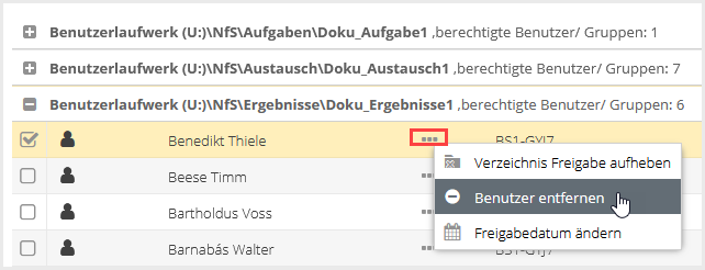 Benutzer über das Kontextmenü aus Freigabe entfernen