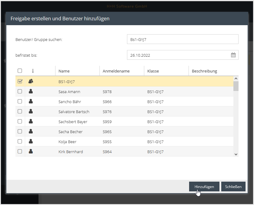 Dialog Freigabe erstellen und Benutzer hinzufügen: Hier wählst Du die Schüler*innen. Mit "Hinzufügen" bestätigst Du Deine Auswahl. 