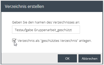 Dialog "Verzeichnis anlegen", per Haken ist "Verzeichnis als geschütztes Verzeichnis anlegen" angewählt.