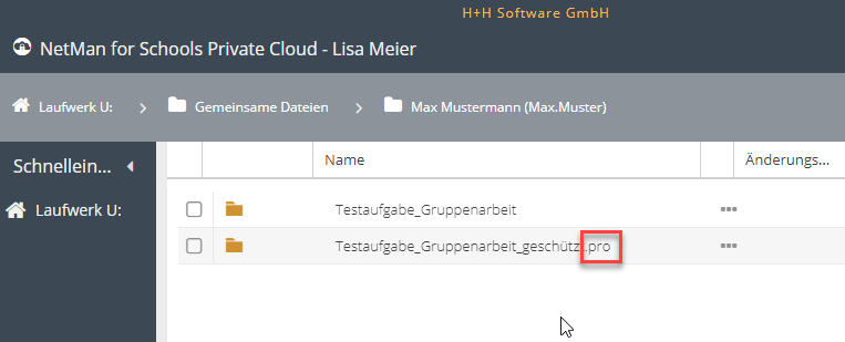 Gruppenarbeit geschützter Ordner wird durch die Endung ".pro" angezeigt.