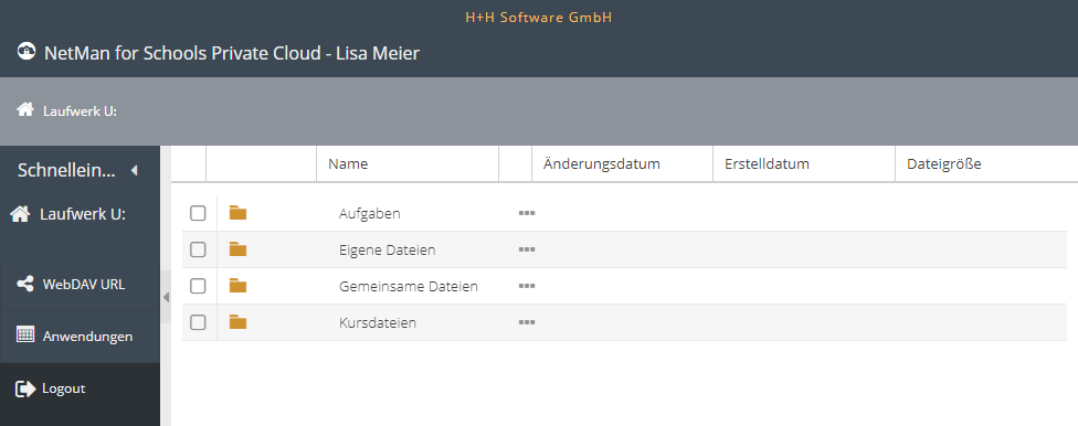 Ordnerstruktur der Private Cloud mit den Ordnern Aufgaben, Austasuch, Dokumente, Ergebnisse.