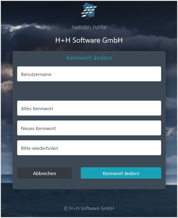 Dialog „Kennwort ändern“ mit den Feldern "Benutzername", "Altes Kennowrt", "Neues Kennwort", "Bitte wiederholen" und den Schaltflächen "Abbrechen" und "Kennwort ändern".